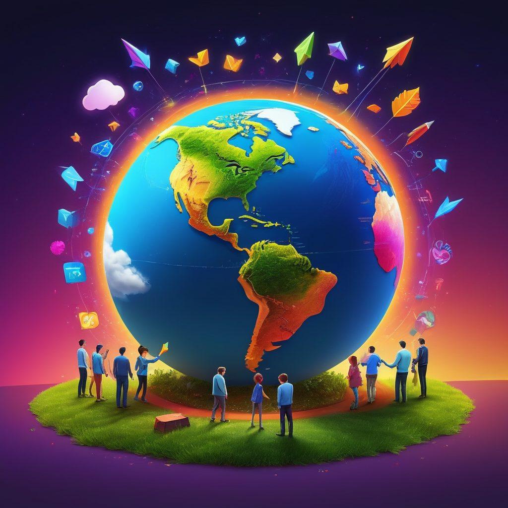 Illustrate a dynamic scene of a digital world filled with stylized, colorful seeders and leechers represented as friendly characters sharing data. Include vibrant symbols of connectivity like arrows, download bars, and cloud motifs, alongside a glowing globe to represent the global nature of file sharing. The atmosphere should feel engaging and inviting, showcasing teamwork and collaboration in technology. super-realistic. vibrant colors. 3D.