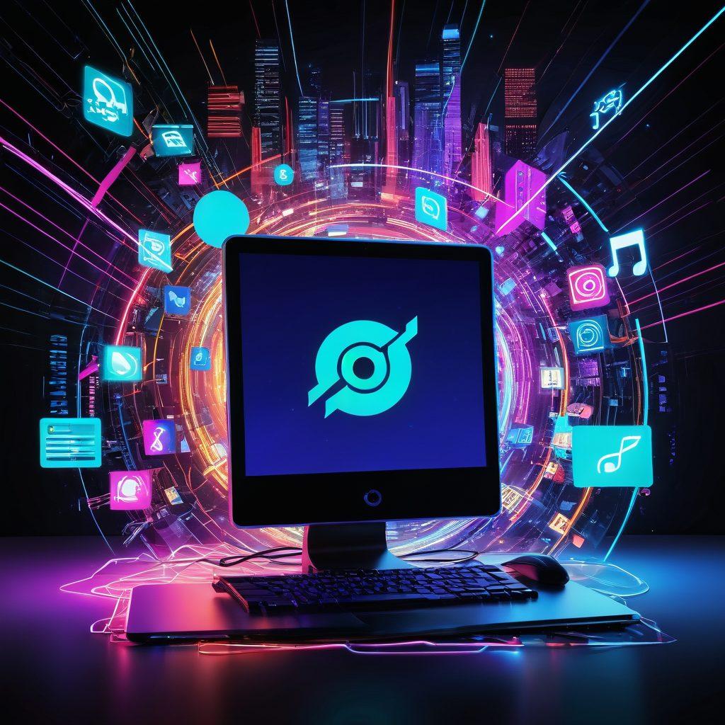 A dynamic and vibrant collage featuring a computer with torrenting software, diverse multimedia icons like music, video, and images swirling around, and a backdrop of abstract tech patterns. The scene should exude a sense of mastery and fluidity in the digital space. Bright neon colors are preferred to capture attention and reflect a modern tech aesthetic. cyberpunk. vibrant colors. 3D.
