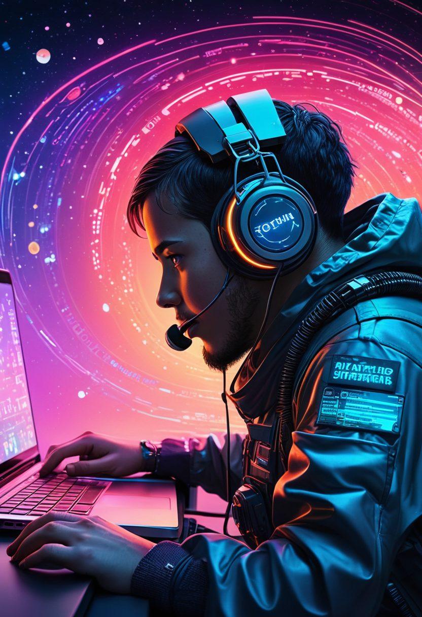 A captivating digital landscape filled with swirling torrents of data flowing like rivers, surrounded by diverse file icons such as music, movies, and software springing from the torrents. An astronaut wearing headphones joyfully surfing these data waves, with a laptop displaying a torrent client. The background features a starry sky symbolizing the vastness of the internet. bold typography overlays the scene, reading 'Ultimate Guide to Torrenting'. vibrant colors. cyberpunk.